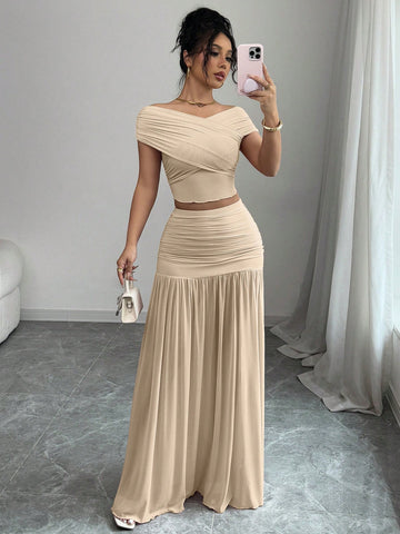 2pcs/Set Women Solid Color Fitted Simple Top And Skirt