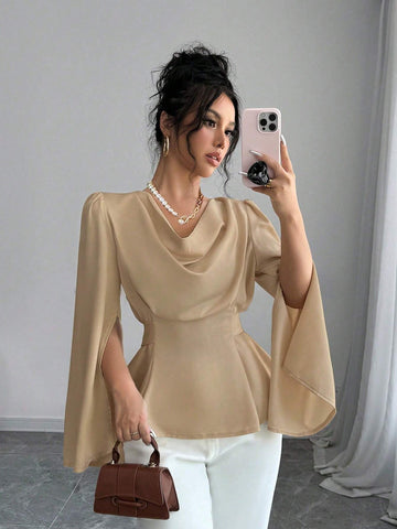 Elenzga Elegant Solid Color Draped Collar Poncho Black Blouse