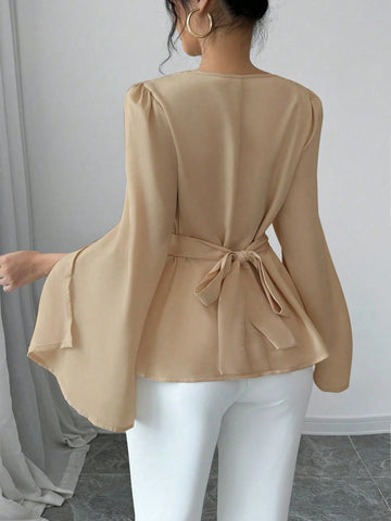 Elenzga Elegant Solid Color Draped Collar Poncho Black Blouse