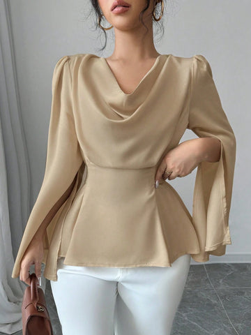 Elenzga Elegant Solid Color Draped Collar Poncho Black Blouse