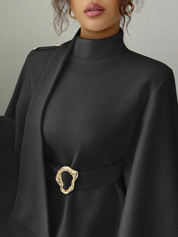 Women's Fashionable Elegant Solid Color Asymmetrical Metal Buckle Jacket