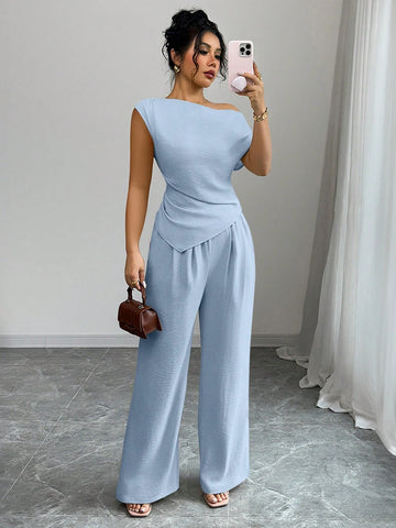 Elegant One-Shoulder Sleeveless Asymmetric Hem Fitted Top And Relaxed Straight Leg Pants