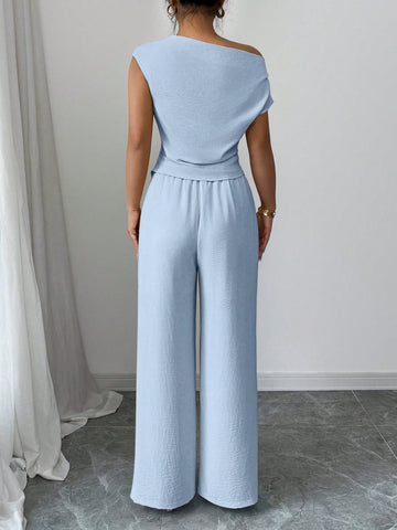 Elegant One-Shoulder Sleeveless Asymmetric Hem Fitted Top And Relaxed Straight Leg Pants