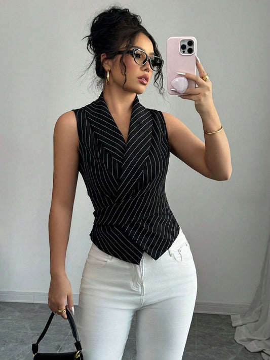 Women Striped Shawl Collar Sleeveless Casual Shirt
