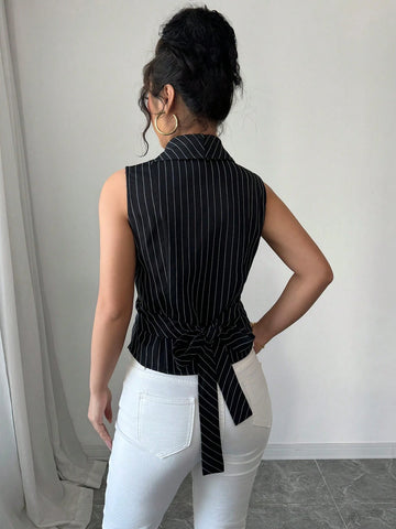 Women Striped Shawl Collar Sleeveless Casual Shirt