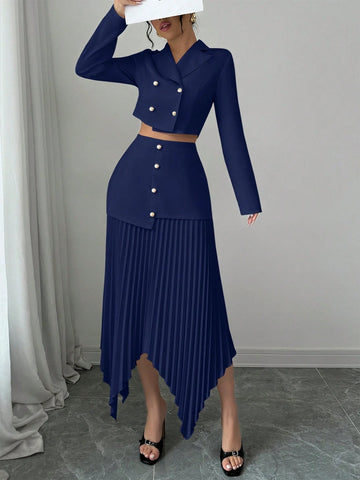 2pcs/Set Women Blazer Collar Gathered Waistline Button-Up Pleated Asymmetrical Elegant Outfit