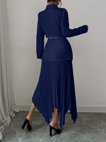 2pcs/Set Women Blazer Collar Gathered Waistline Button-Up Pleated Asymmetrical Elegant Outfit
