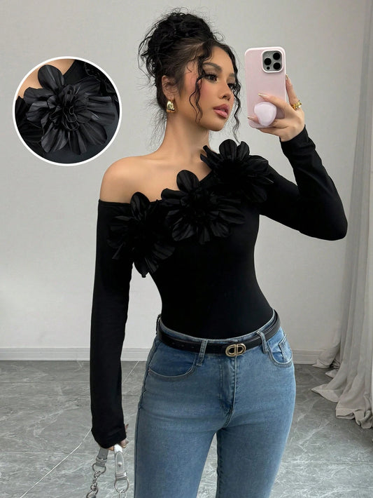 Elenzga Foldover Shoulder Floral Decor Fitted Long Sleeve Women T-Shirt