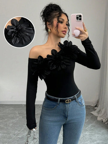 Elenzga Foldover Shoulder Floral Decor Fitted Long Sleeve Women T-Shirt