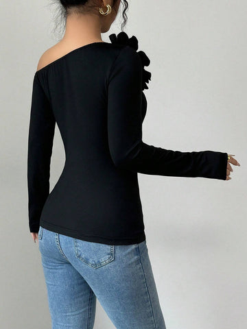 Elenzga Foldover Shoulder Floral Decor Fitted Long Sleeve Women T-Shirt