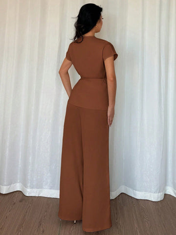 Women's Elegant Wrap Batwing Sleeve Blouse And Loose Wide Leg Pants