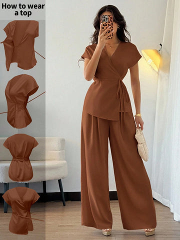 Women's Elegant Wrap Batwing Sleeve Blouse And Loose Wide Leg Pants