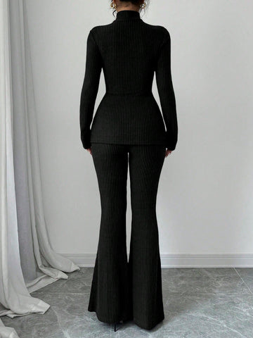 Women's Solid Stand Collar Long Sleeve Top And Fitted Pants Set