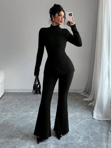 Women's Solid Stand Collar Long Sleeve Top And Fitted Pants Set