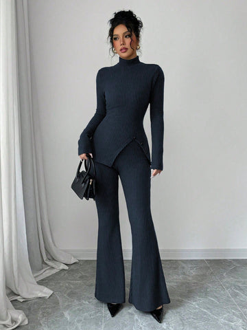 Women's Solid Stand Collar Long Sleeve Top And Fitted Pants Set