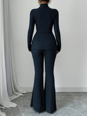 Women's Solid Stand Collar Long Sleeve Top And Fitted Pants Set