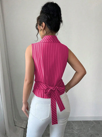 Women Striped Shawl Collar Sleeveless Casual Shirt