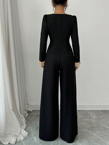 2pcs Women Elegant Color Block Cardigan & Wide Leg Pants