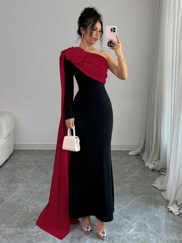 Elenzga Women Dress With Asymmetrical Open Shoulder & 3D Floral Design Maxi Women Outfit