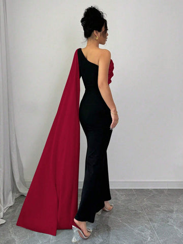 Elenzga Women Dress With Asymmetrical Open Shoulder & 3D Floral Design Maxi Women Outfit