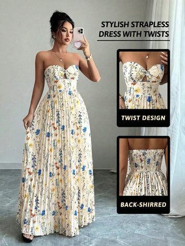 Women's Twist-Knot Printed Smock Pleated Swing Maxi Casual Vacation Elegant Dress