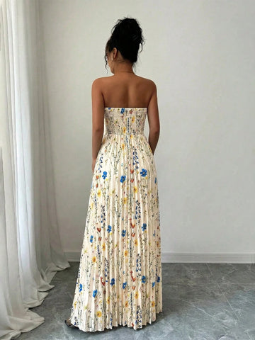 Women's Twist-Knot Printed Smock Pleated Swing Maxi Casual Vacation Elegant Dress