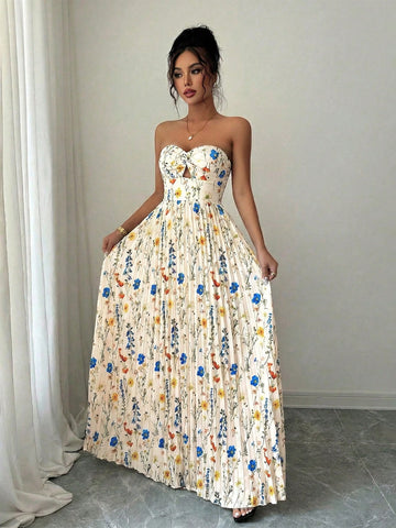 Women's Twist-Knot Printed Smock Pleated Swing Maxi Casual Vacation Elegant Dress