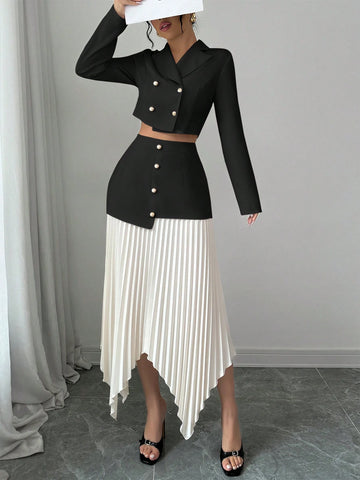 2pcs/Set Women Blazer Collar Gathered Waistline Button-Up Pleated Asymmetrical Elegant Outfit