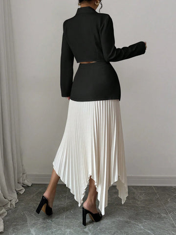 2pcs/Set Women Blazer Collar Gathered Waistline Button-Up Pleated Asymmetrical Elegant Outfit