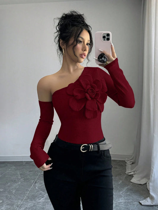 Women's Elegant 3D Flower Decorate Oblique Shoulder Long Sleeve T-Shirt