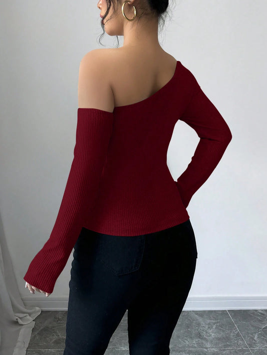 Women's Elegant 3D Flower Decorate Oblique Shoulder Long Sleeve T-Shirt