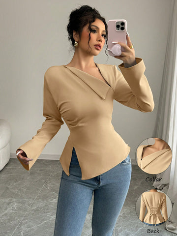Asymmetric Slant V-Neck Long Sleeve Waist Cinched High-Low Hem Back Tie Solid Color Blouse
