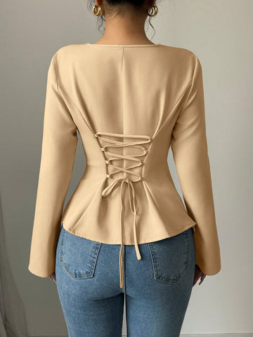 Asymmetric Slant V-Neck Long Sleeve Waist Cinched High-Low Hem Back Tie Solid Color Blouse