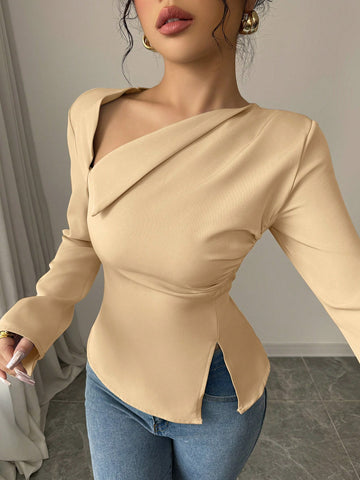 Asymmetric Slant V-Neck Long Sleeve Waist Cinched High-Low Hem Back Tie Solid Color Blouse