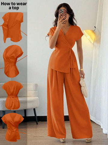 Women's Elegant Wrap Batwing Sleeve Blouse And Loose Wide Leg Pants