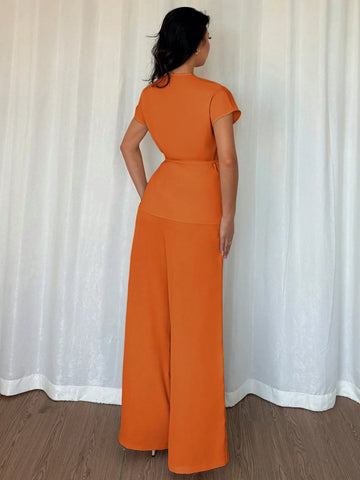 Women's Elegant Wrap Batwing Sleeve Blouse And Loose Wide Leg Pants