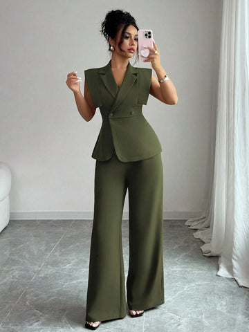 Women's Elegant Casual Suit Set With Sleeveless Blouse And Elastic Waist Pants