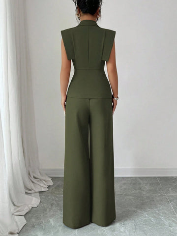 Women's Elegant Casual Suit Set With Sleeveless Blouse And Elastic Waist Pants