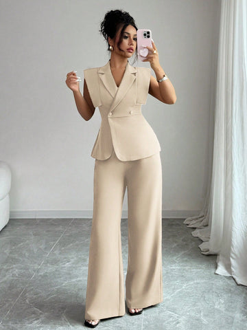 Women's Elegant Casual Suit Set With Sleeveless Blouse And Elastic Waist Pants