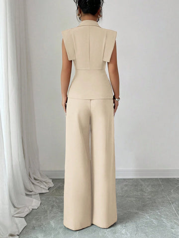 Women's Elegant Casual Suit Set With Sleeveless Blouse And Elastic Waist Pants