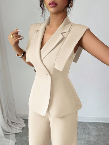 Women's Elegant Casual Suit Set With Sleeveless Blouse And Elastic Waist Pants