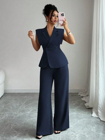 Women's Elegant Casual Suit Set With Sleeveless Blouse And Elastic Waist Pants
