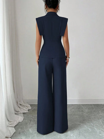 Women's Elegant Casual Suit Set With Sleeveless Blouse And Elastic Waist Pants