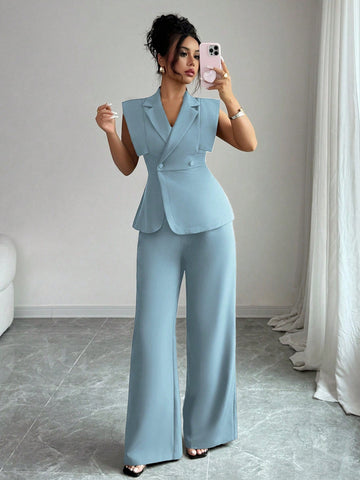 Women's Elegant Casual Suit Set With Sleeveless Blouse And Elastic Waist Pants