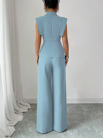 Women's Elegant Casual Suit Set With Sleeveless Blouse And Elastic Waist Pants