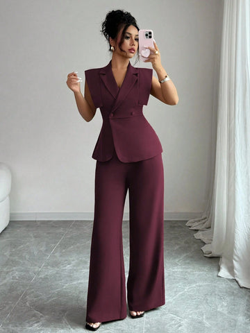 Women's Elegant Casual Suit Set With Sleeveless Blouse And Elastic Waist Pants
