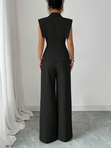 Women's Elegant Casual Suit Set With Sleeveless Blouse And Elastic Waist Pants