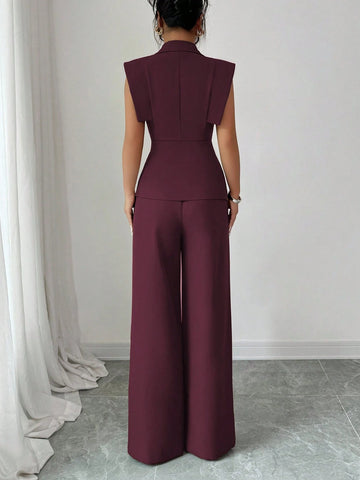 Women's Elegant Casual Suit Set With Sleeveless Blouse And Elastic Waist Pants