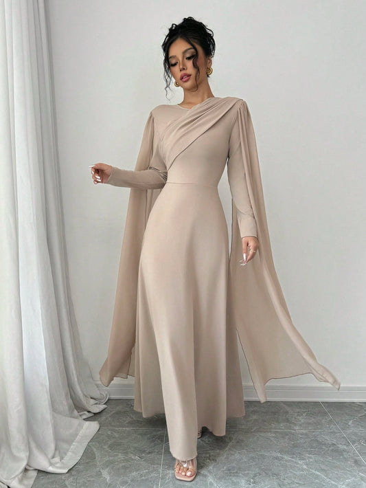 Women's Elegant Charming Party Long Sleeve Round Neck Waist Cinching Mesh Cape Solid Color Dress