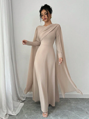 Women's Elegant Charming Party Long Sleeve Round Neck Waist Cinching Mesh Cape Solid Color Dress